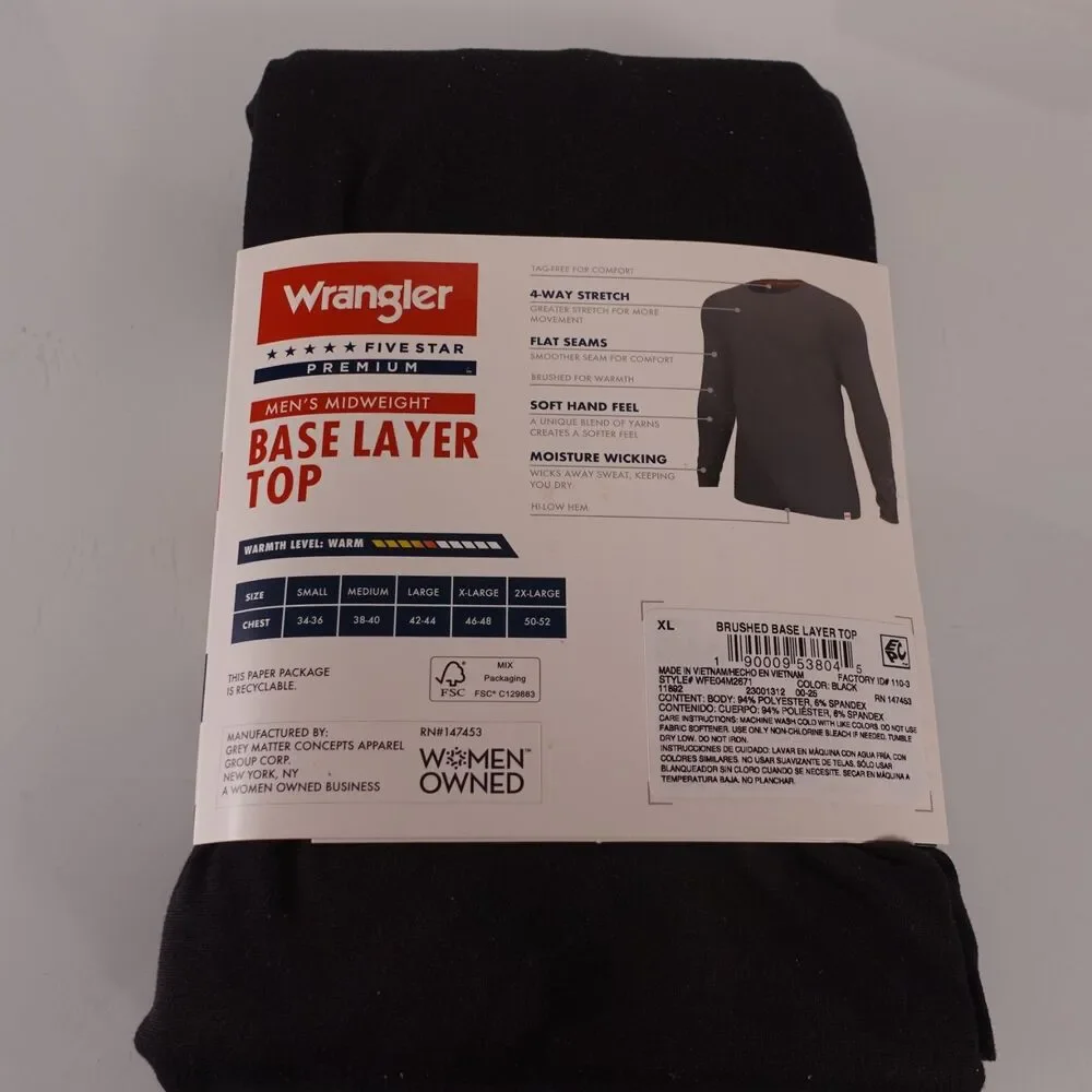 Lot of 2 Mens Wrangler Midweight Base Layer Pants Size XL Black Warm Warmth New